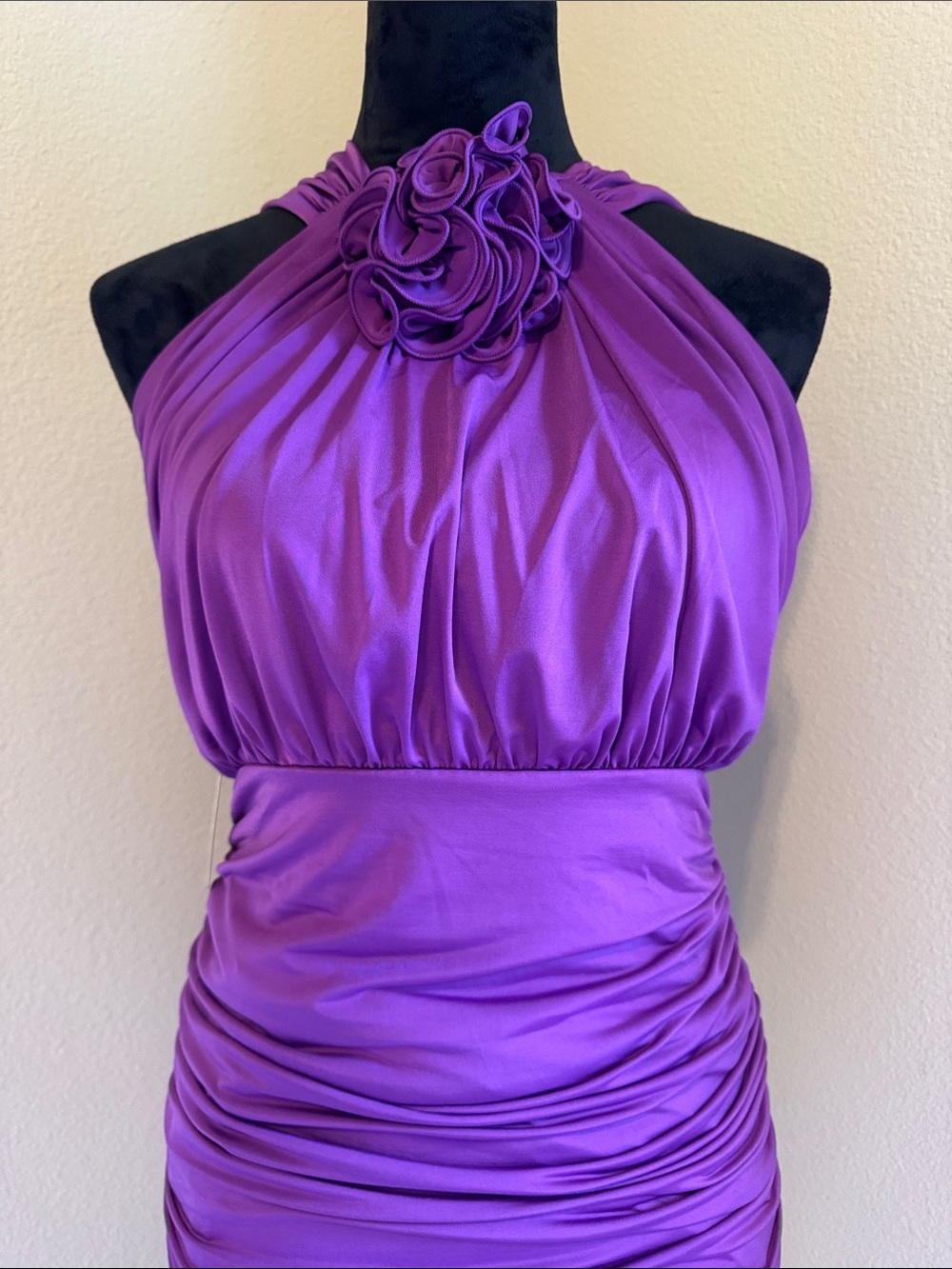 Express Purple Halter Ruched Satin Dress